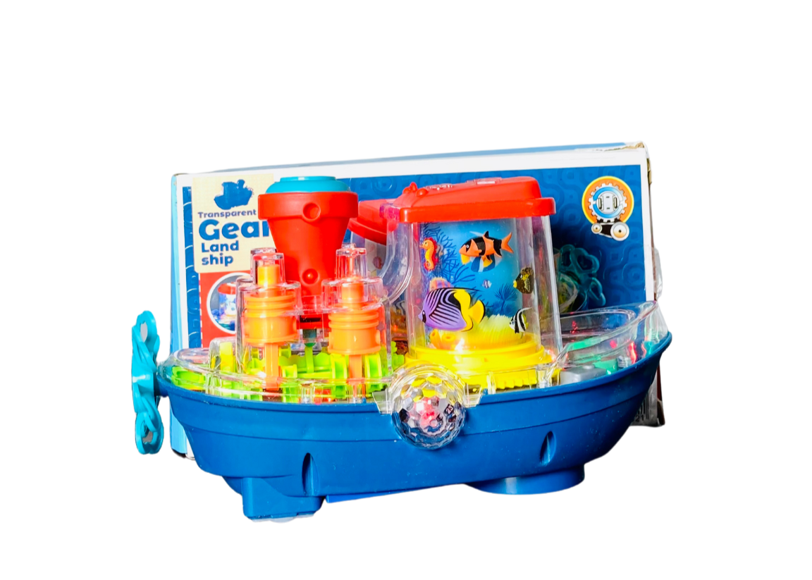 Transparent Gear Land Ship Toy With Lights And Music - Musical RotateableToy Boat With Lights And Rotating Fishing Lamp For Kids