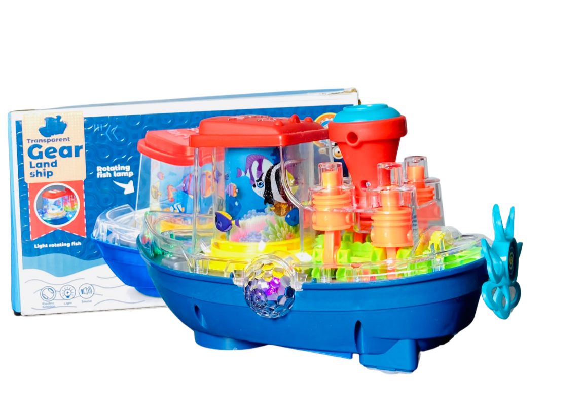 Transparent Gear Land Ship Toy With Lights And Music - Musical RotateableToy Boat With Lights And Rotating Fishing Lamp For Kids