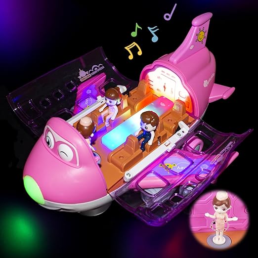 Ynybusi Pink Airplane Toys for Toddlers 1-3-5, Toy Airplane for 4-8 Year Old Boys Girls Birthday, Toddler Toys Bump and Go Action Air Plane with LED Flashing Lights & Sounds (Pink)