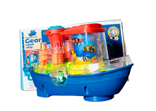 Transparent Gear Land Ship Toy With Lights And Music - Musical RotateableToy Boat With Lights And Rotating Fishing Lamp For Kids