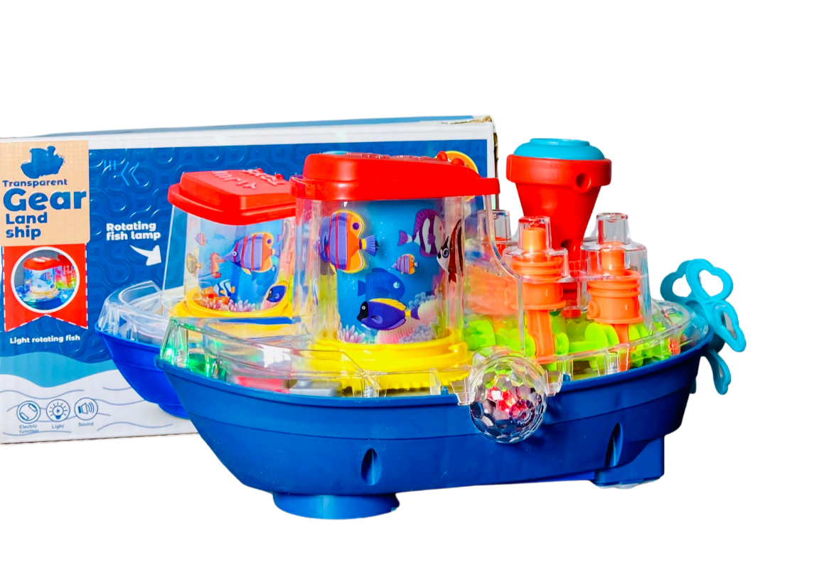 Transparent Gear Land Ship Toy With Lights And Music - Musical RotateableToy Boat With Lights And Rotating Fishing Lamp For Kids