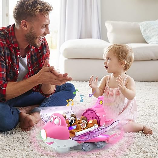 Ynybusi Pink Airplane Toys for Toddlers 1-3-5, Toy Airplane for 4-8 Year Old Boys Girls Birthday, Toddler Toys Bump and Go Action Air Plane with LED Flashing Lights &amp; Sounds (Pink)